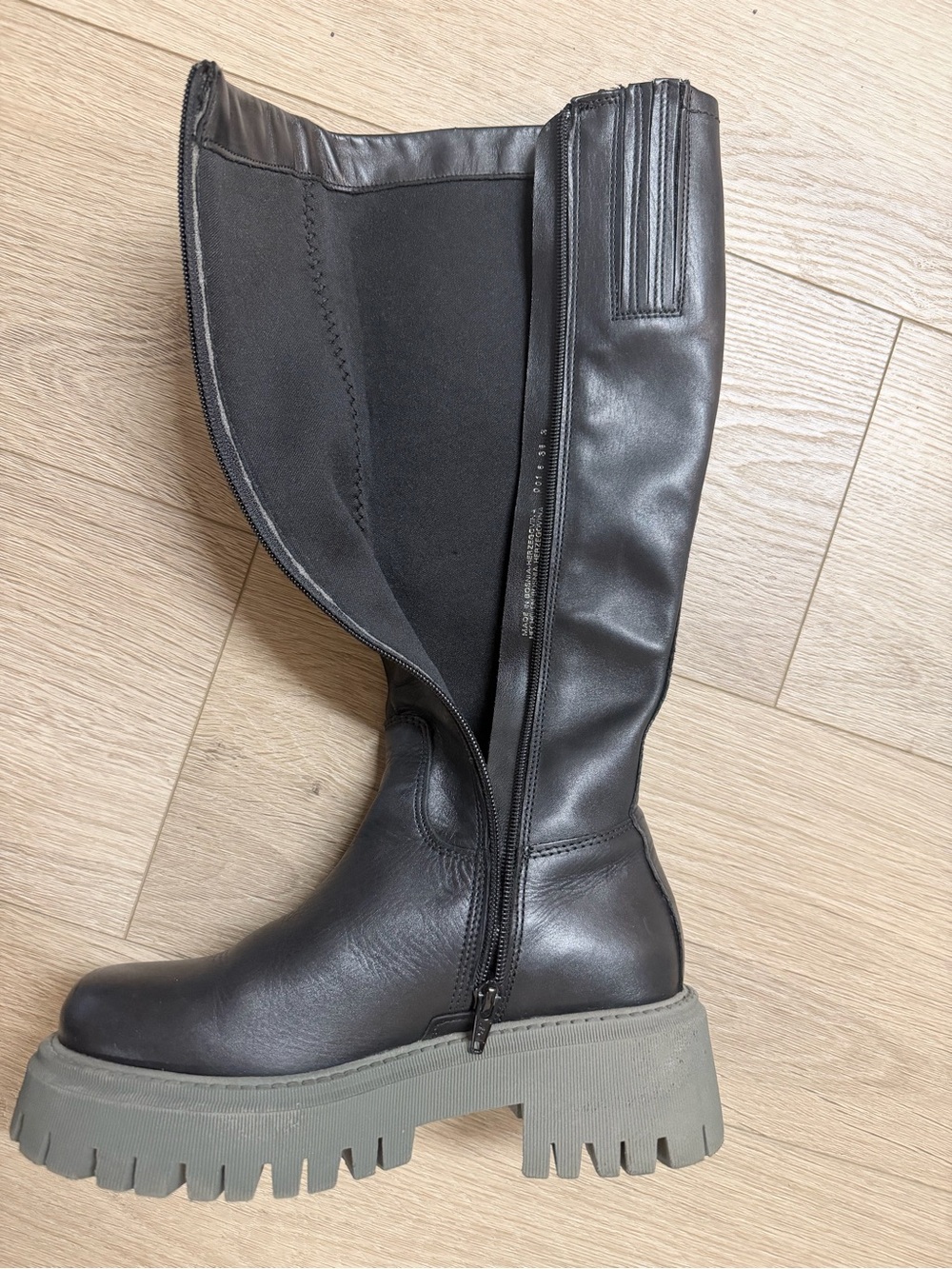 Aldo Black Knee-High Lace-Up Boots with Chunky Olive Lug Sole